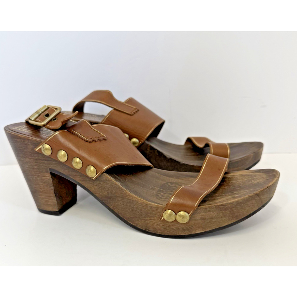 Pedro Garcia Brown Leather Wooded Platform Clog Sandals Studded Spain Size 38 7